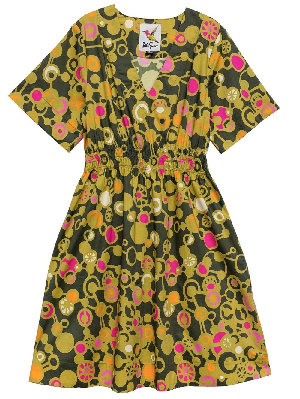 Unbranded Olive Green Short-Sleeve Printed Dress with Pink & Yellow Accents